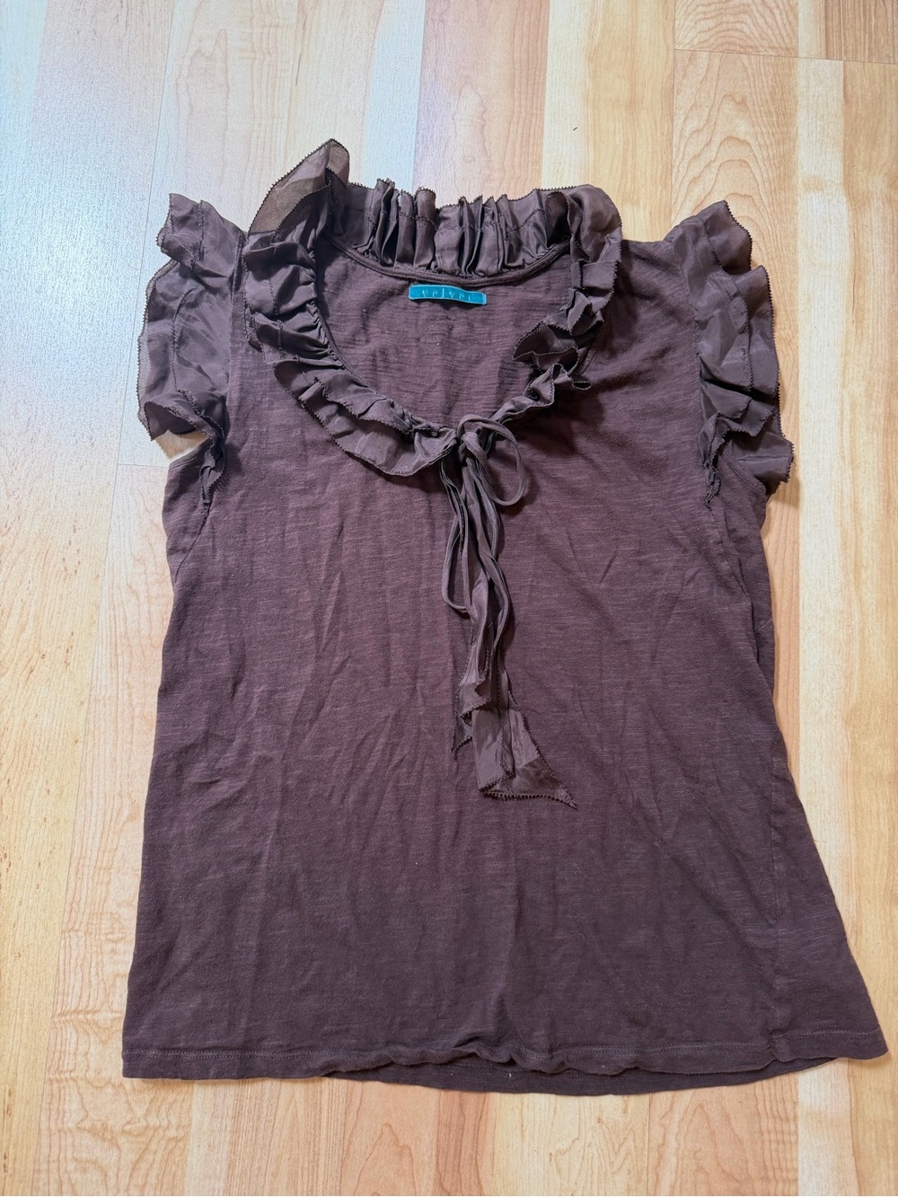 Velvet Anthropologie Brown  Ruffle Tie-V-Neck Women’s Top Shirt large